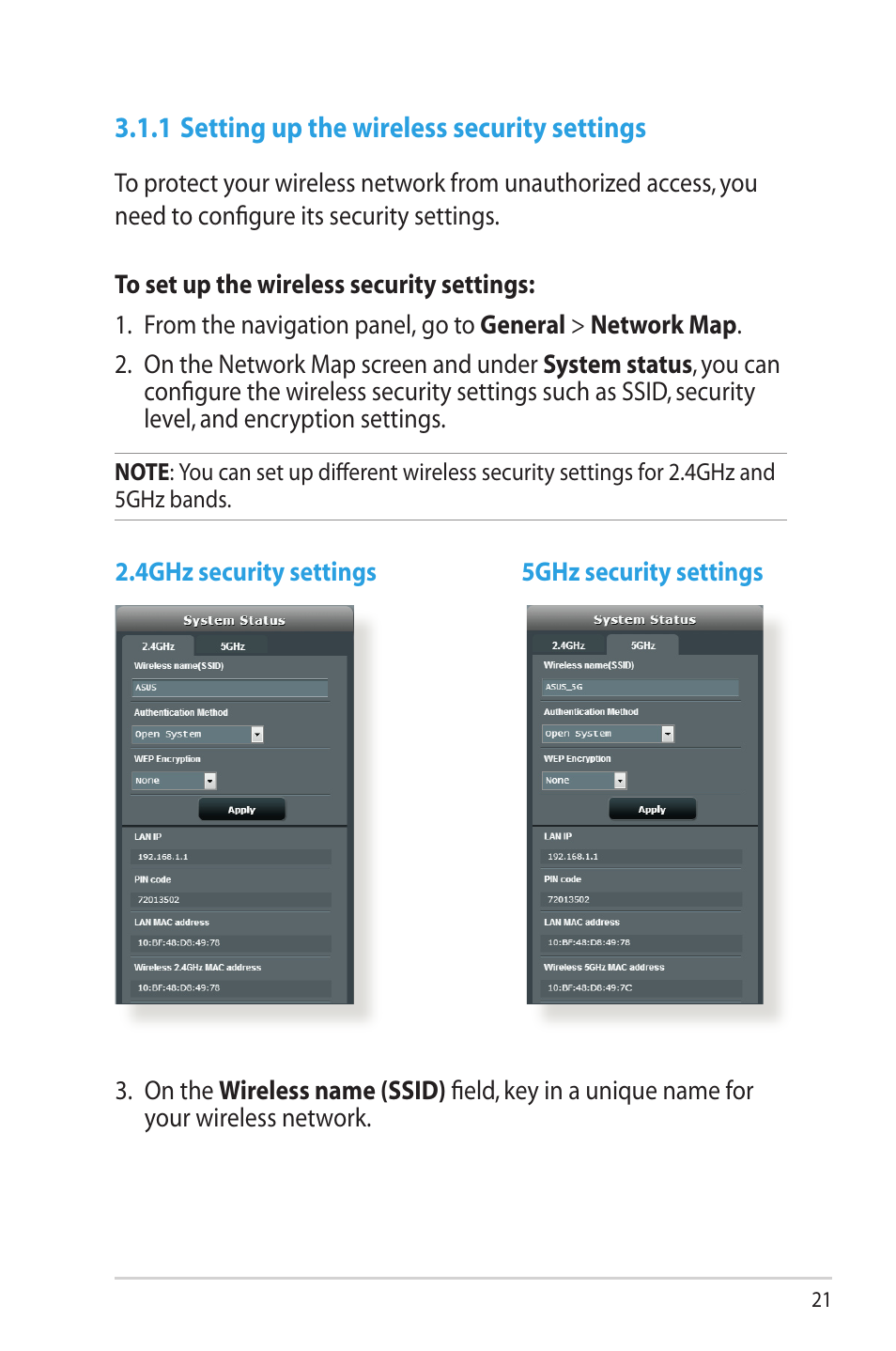 1 setting up the wireless security settings | Asus RT-AC68U User Manual | Page 21 / 129