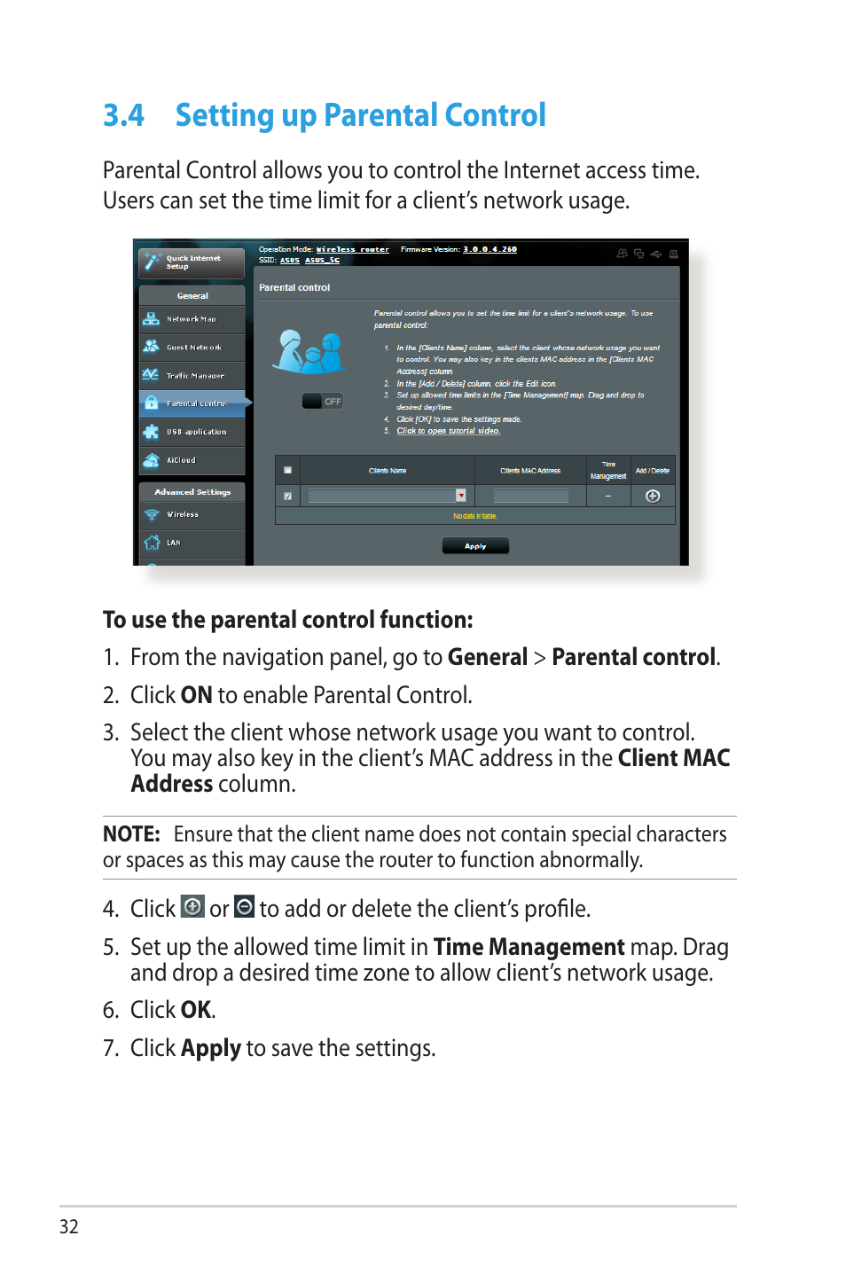 4 setting up parental control, Setting up parental control | Asus RT-AC68U User Manual | Page 32 / 129