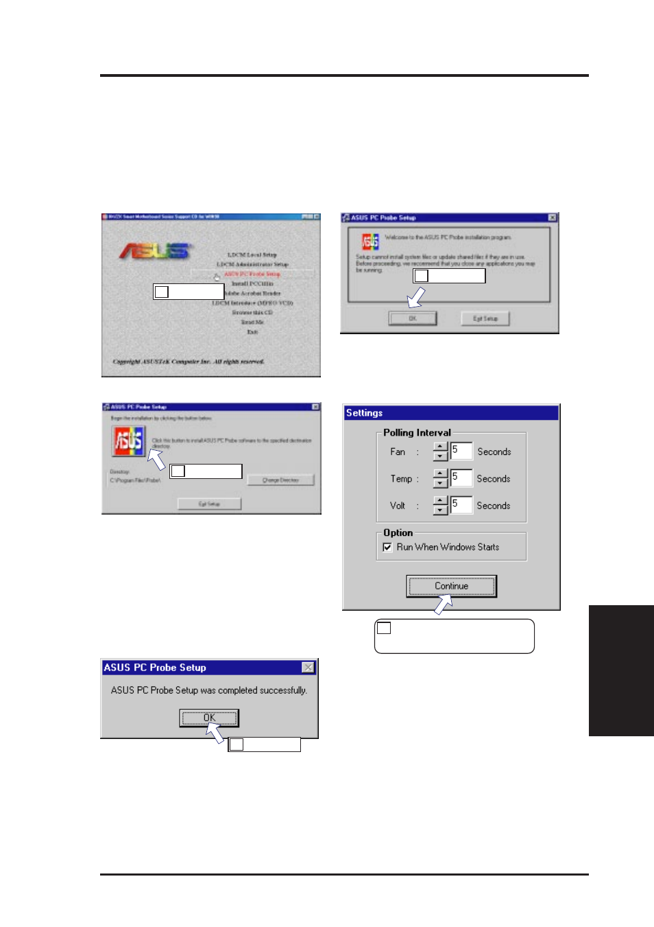 V. software setup, Installing asus pc probe, Optional) | Asus P2-99 User Manual | Page 63 / 96