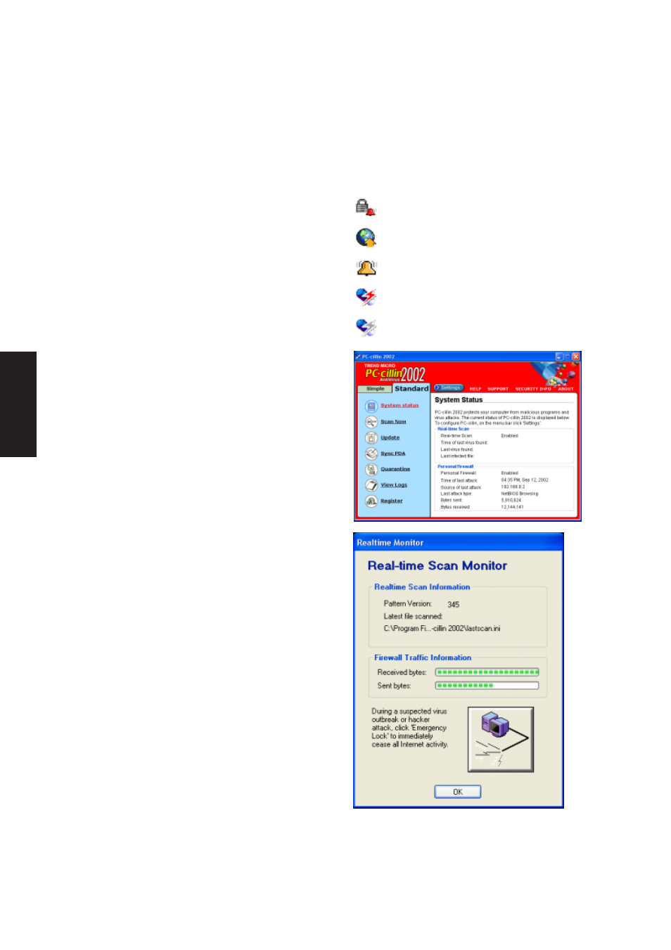 Pc-cillin 2002 feature screens, Configuration screen, Real-time status | Asus W1Gc User Manual | Page 54 / 110