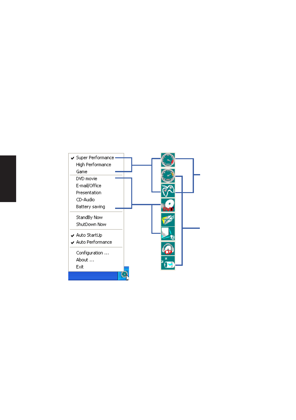 Using the task bar icon, Power4 gear+ modes and power segments | Asus W1Gc User Manual | Page 58 / 110