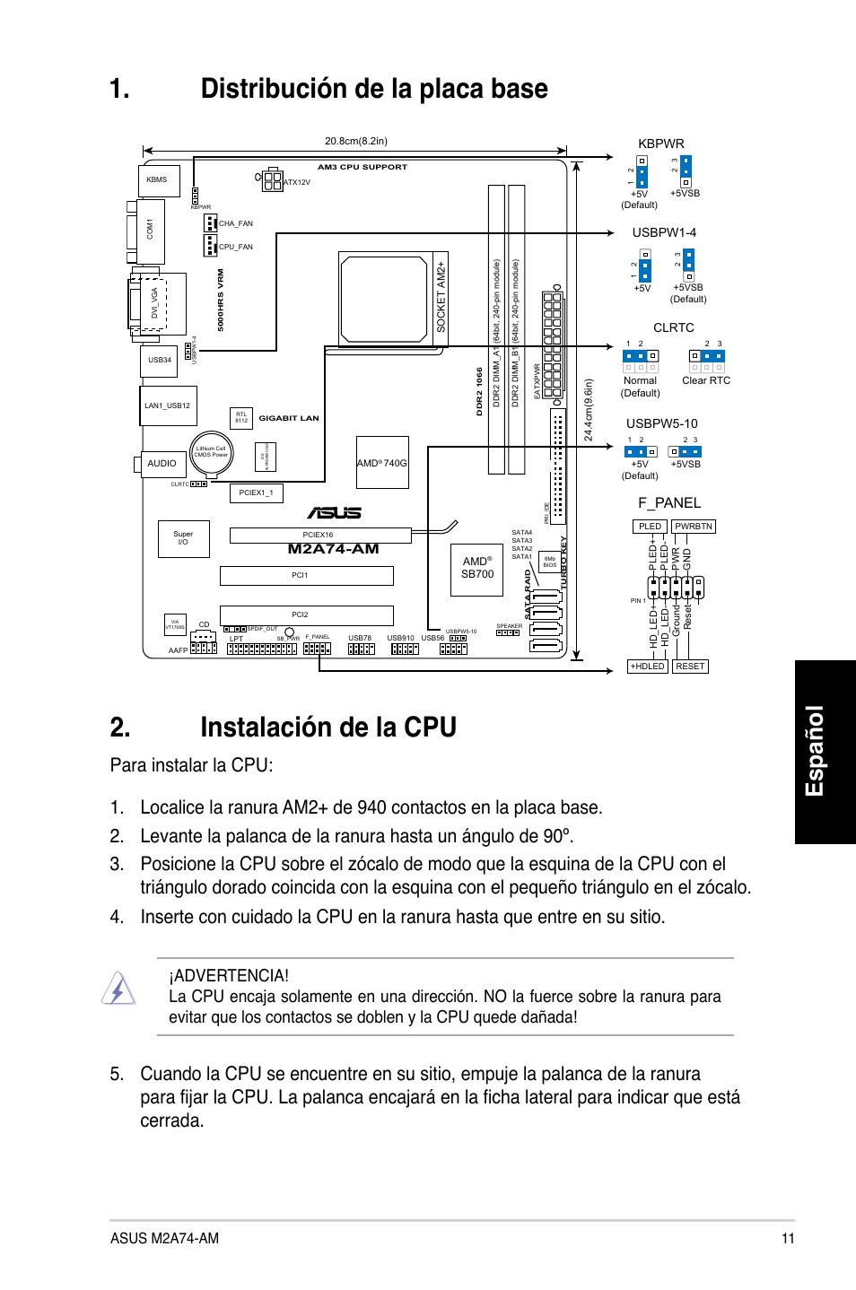 Español, F_panel, M2a74-am | Usbpw5-10, Usbpw1-4, Kbpwr | Asus M2A74-AM User Manual | Page 11 / 38