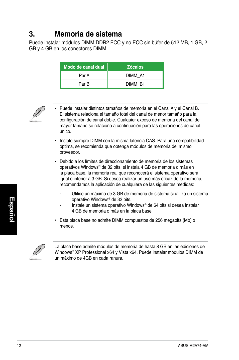 Español | Asus M2A74-AM User Manual | Page 12 / 38