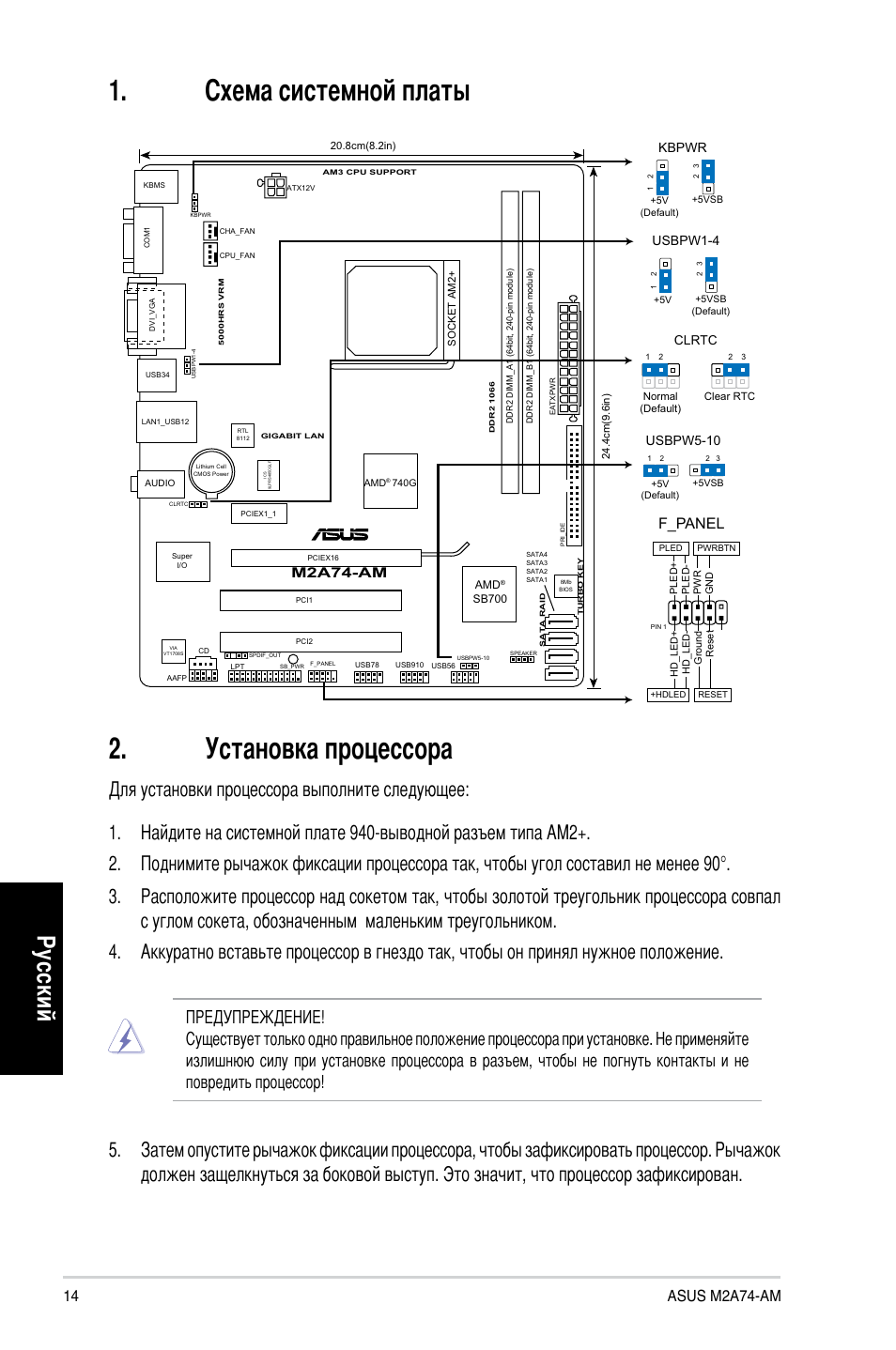 Схема системной платы 2. установка процессора, Ру сс ки й, F_panel | Asus M2A74-AM User Manual | Page 14 / 38