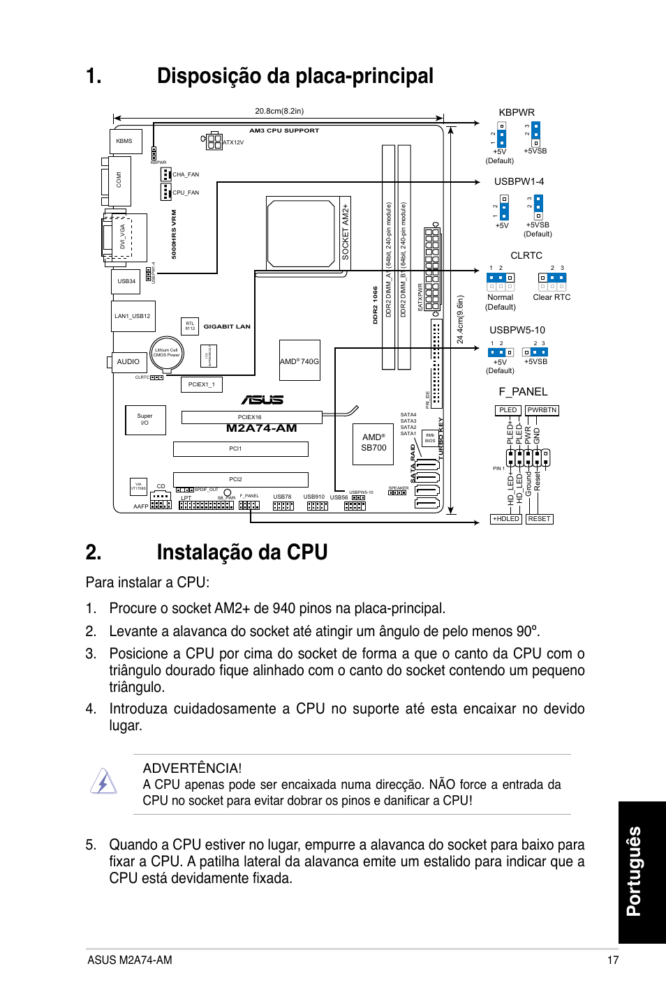 Disposição da placa-principal 2. instalação da cpu, Português, F_panel | M2a74-am, Usbpw5-10, Usbpw1-4, Kbpwr | Asus M2A74-AM User Manual | Page 17 / 38