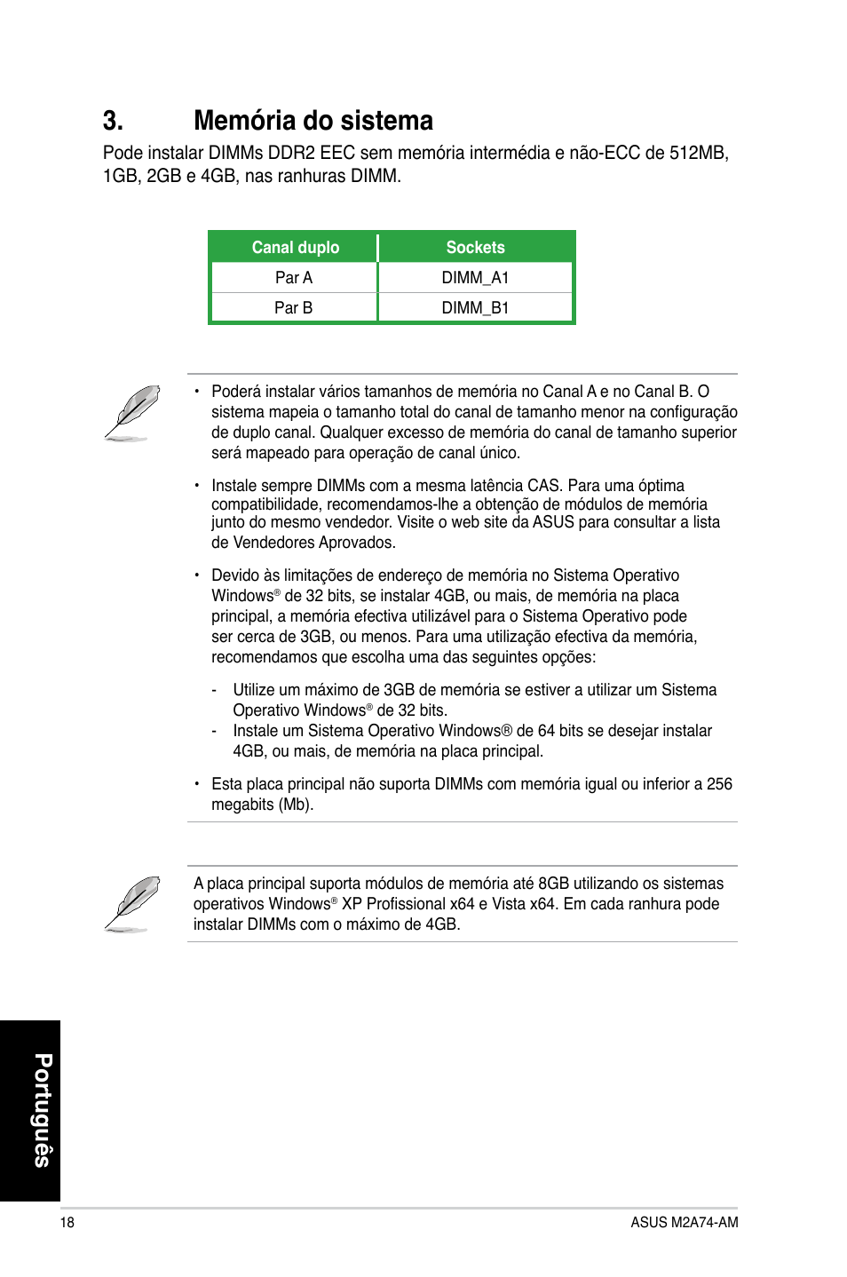 Memória do sistema, Português | Asus M2A74-AM User Manual | Page 18 / 38