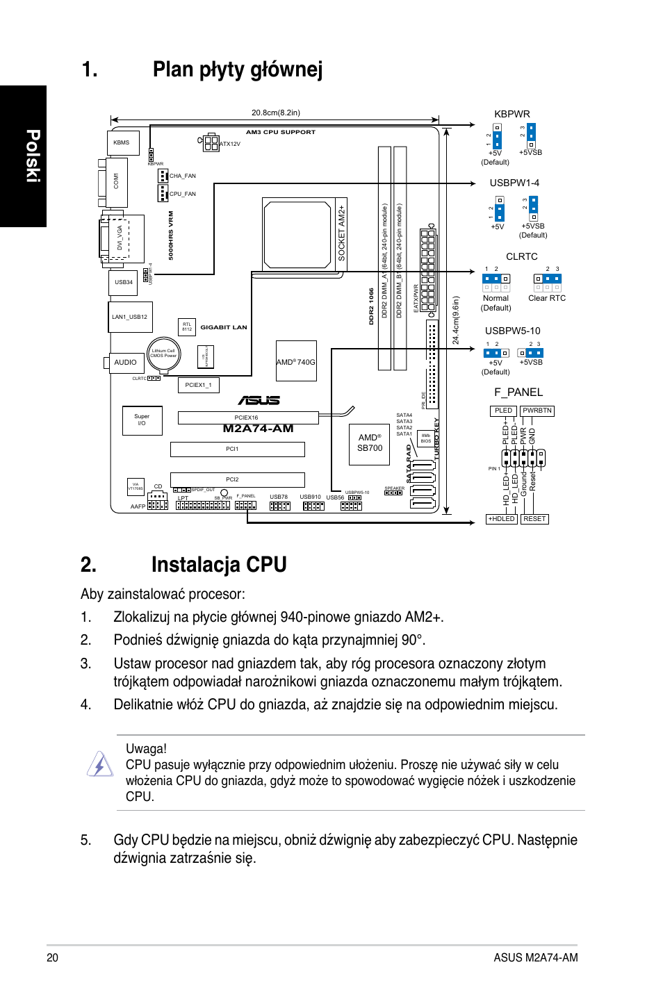 Instalacja cpu, Plan płyty głównej, Polski | F_panel | Asus M2A74-AM User Manual | Page 20 / 38