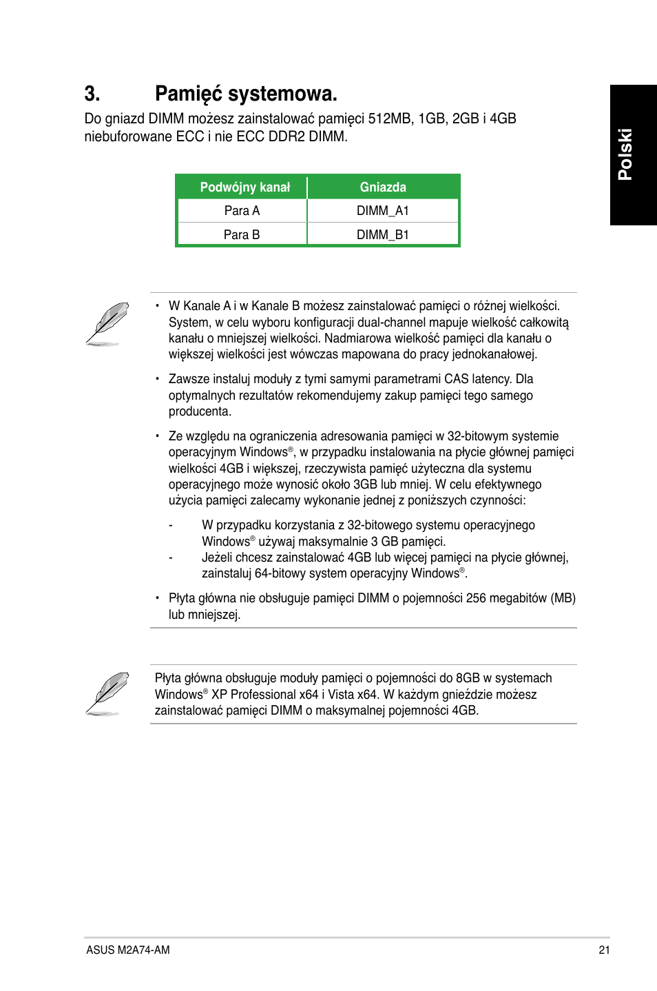 Pamięć systemowa, Polski | Asus M2A74-AM User Manual | Page 21 / 38