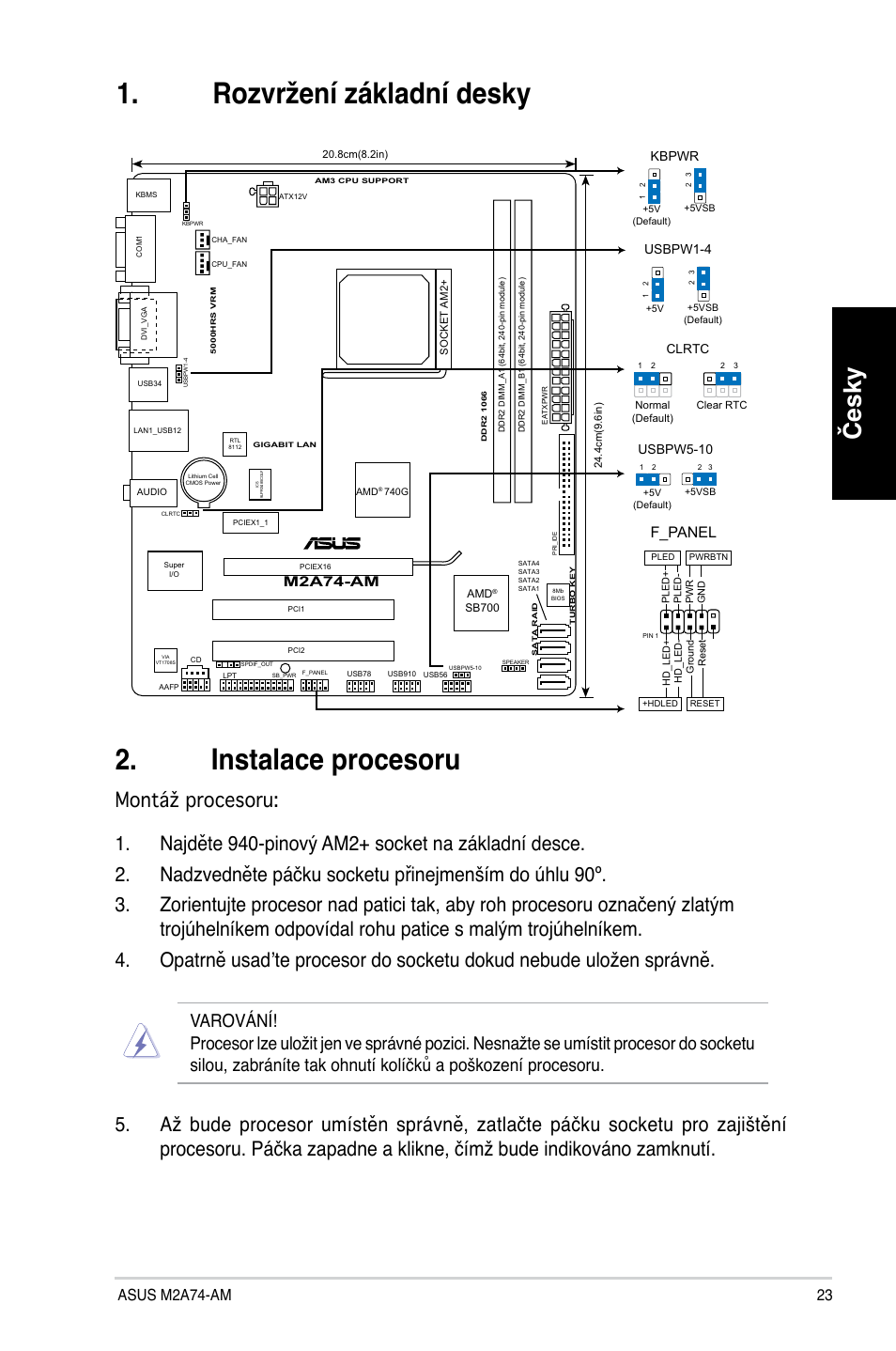 Instalace procesoru, Rozvržení základní desky, Česky | F_panel, Asus m2a74-am 2, M2a74-am, Usbpw5-10, Usbpw1-4, Kbpwr | Asus M2A74-AM User Manual | Page 23 / 38