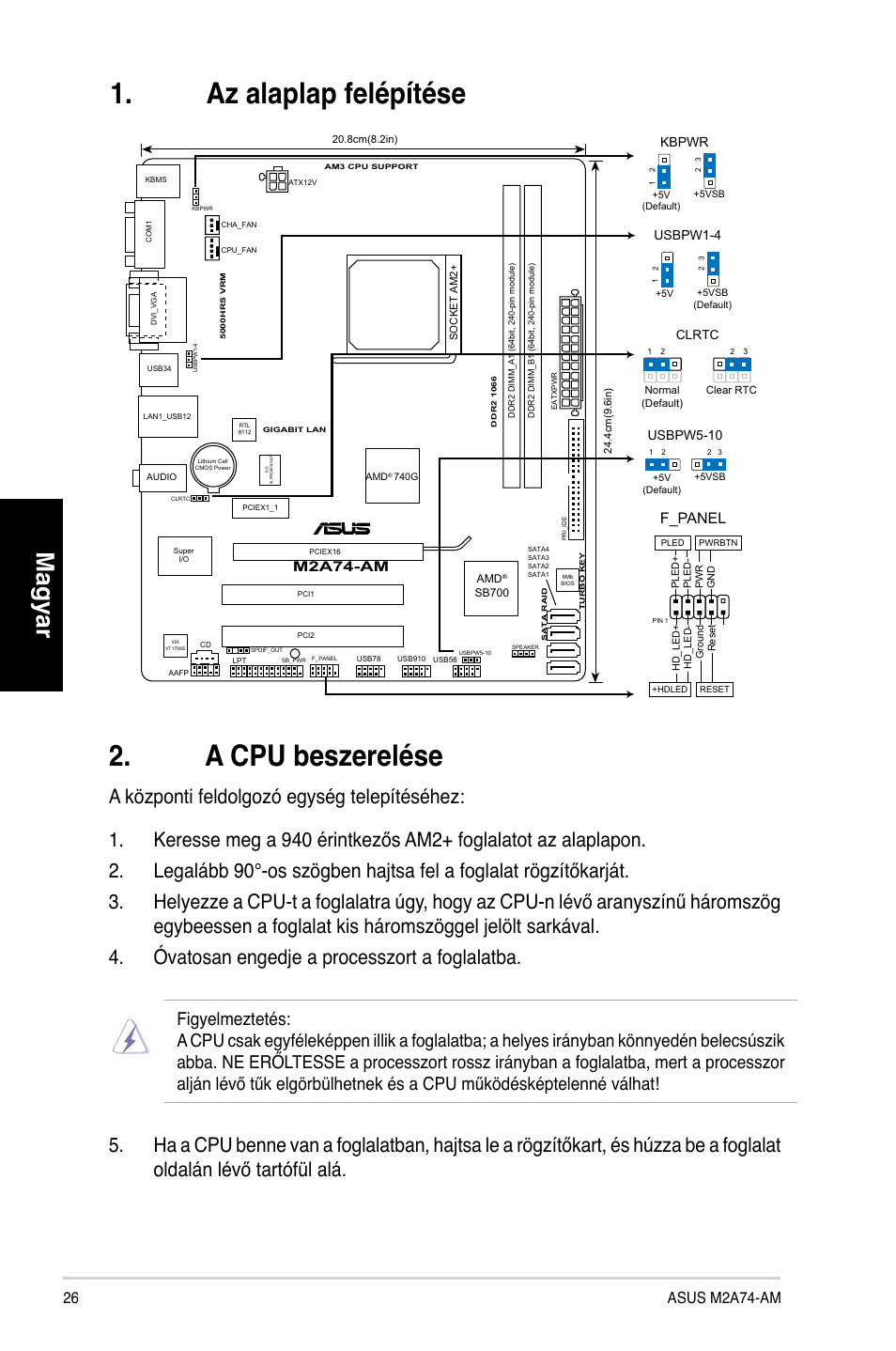 A cpu beszerelése, Az alaplap felépítése, Magyar | F_panel, M2a74-am, Usbpw5-10, Usbpw1-4, Kbpwr | Asus M2A74-AM User Manual | Page 26 / 38