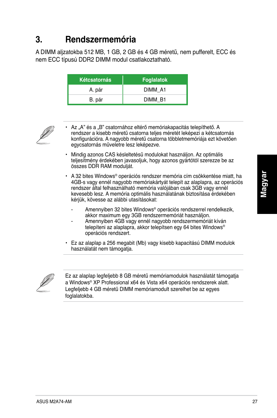 Rendszermemória, Magyar | Asus M2A74-AM User Manual | Page 27 / 38