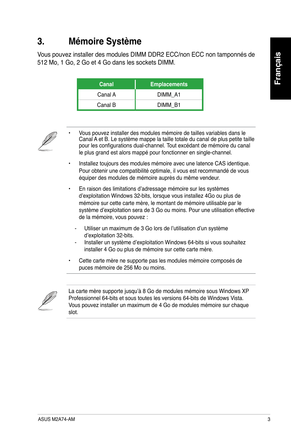 Mémoire système, Français | Asus M2A74-AM User Manual | Page 3 / 38