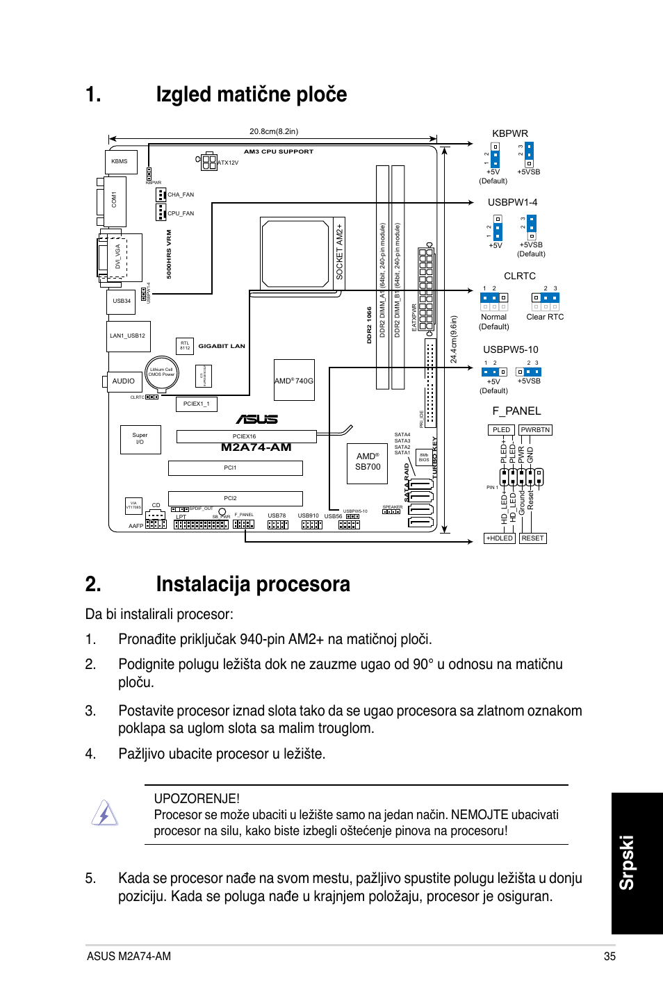 Izgled matične ploče 2. instalacija procesora, Srpski, Asus m2a74-am | F_panel, M2a74-am, Usbpw5-10, Usbpw1-4, Kbpwr | Asus M2A74-AM User Manual | Page 35 / 38