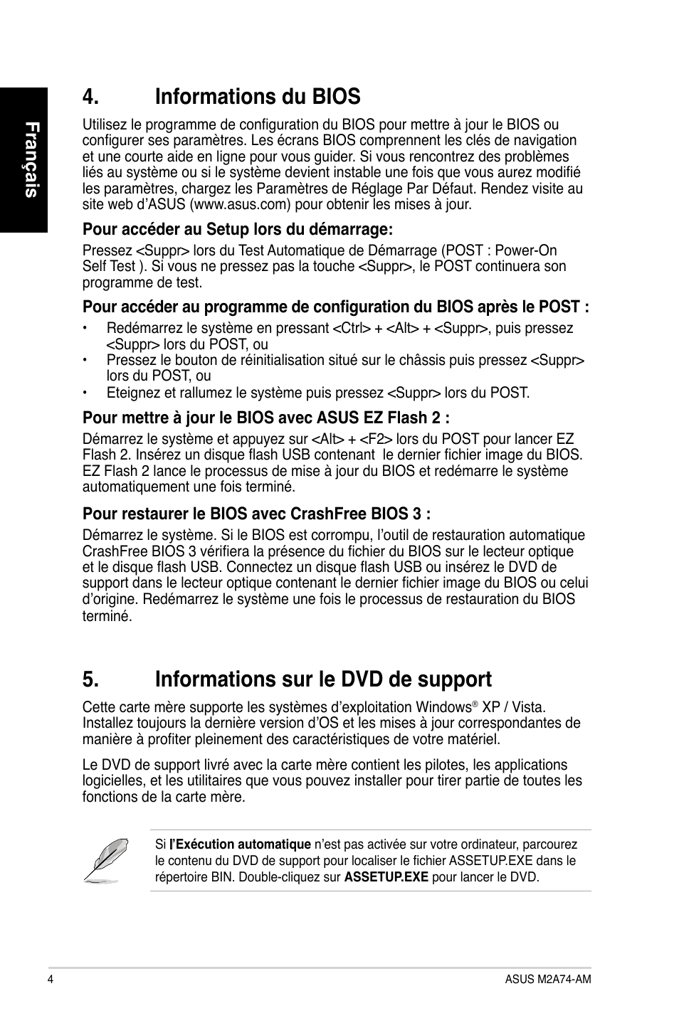 Informations du bios, Informations sur le dvd de support, Français | Asus M2A74-AM User Manual | Page 4 / 38