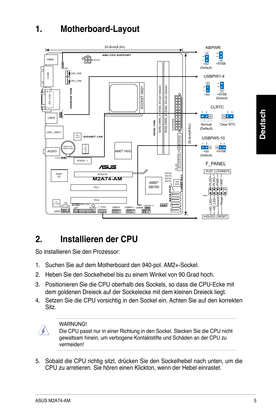 Motherboard-layout 2. installieren der cpu, Deutsch, Asus m2a74-am | F_panel, M2a74-am, Usbpw5-10, Usbpw1-4, Kbpwr | Asus M2A74-AM User Manual | Page 5 / 38