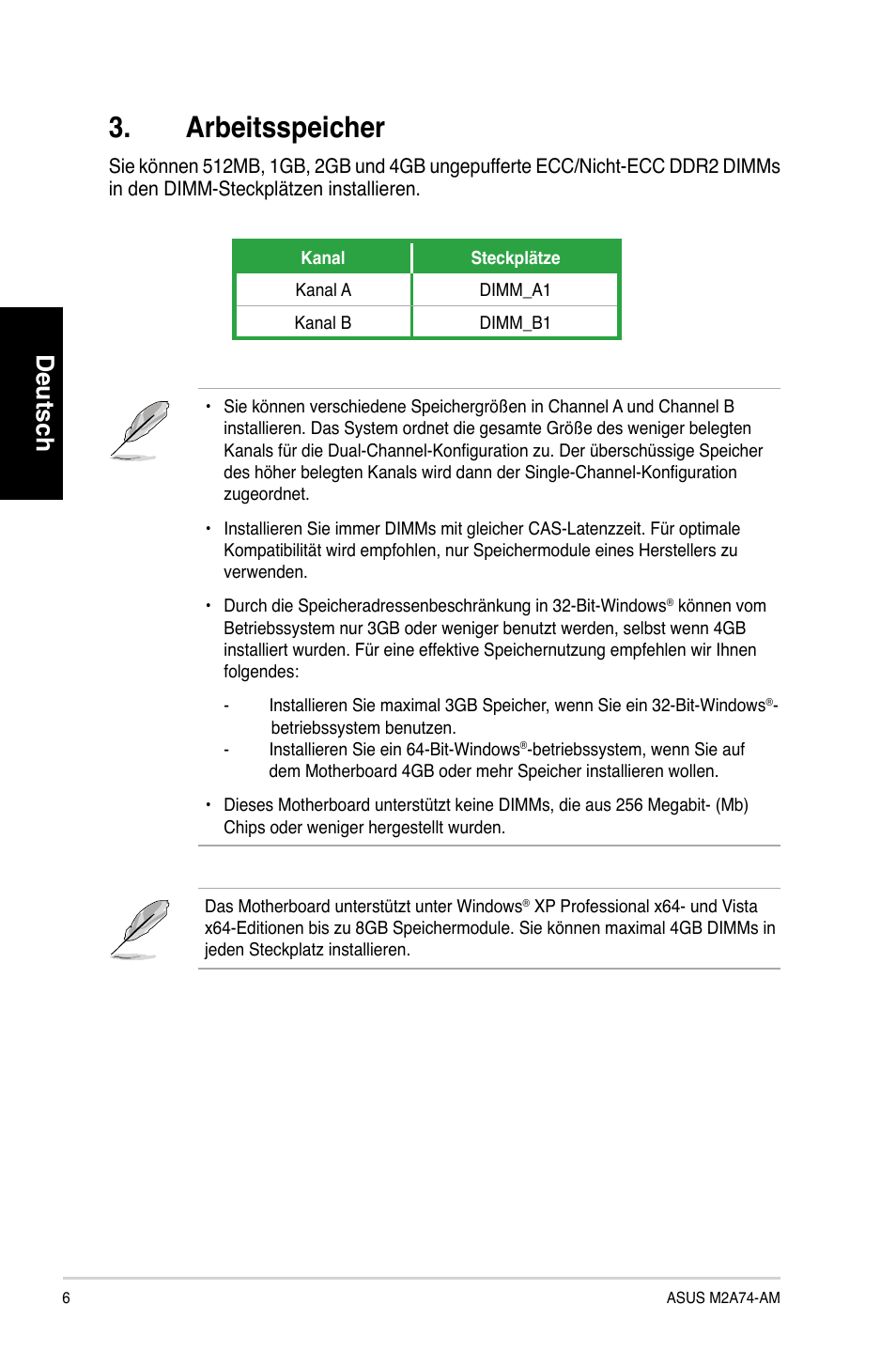 Arbeitsspeicher, Deutsch | Asus M2A74-AM User Manual | Page 6 / 38