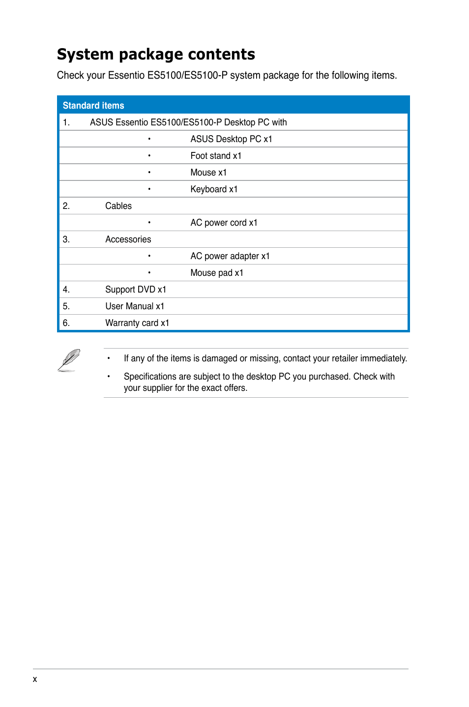 System package contents | Asus ES5100 User Manual | Page 10 / 36