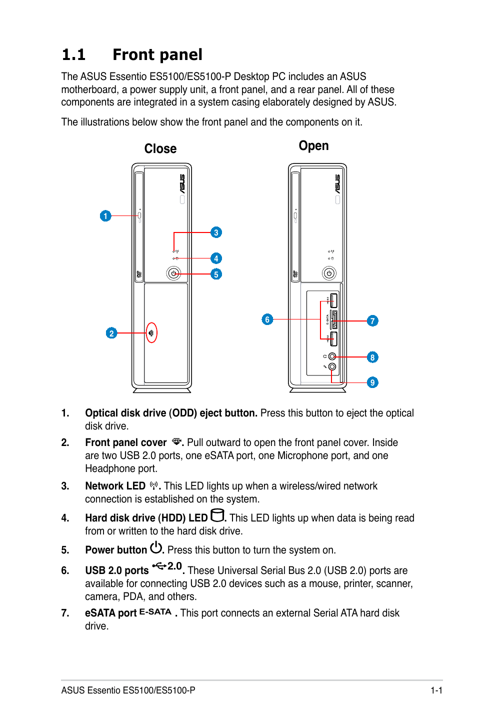 1 front panel, Front panel -1, Close open | Asus ES5100 User Manual | Page 13 / 36