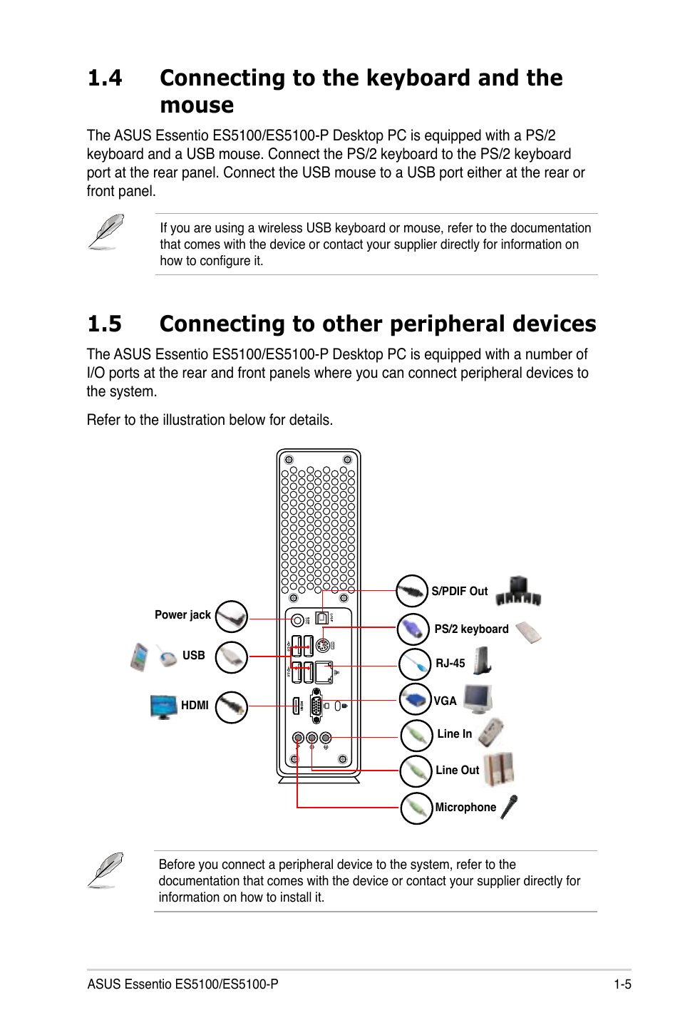 4 connecting to the keyboard and the mouse, 5 connecting to other peripheral devices, Connecting to the keyboard and the mouse -5 | Connecting to other peripheral devices -5 | Asus ES5100 User Manual | Page 17 / 36