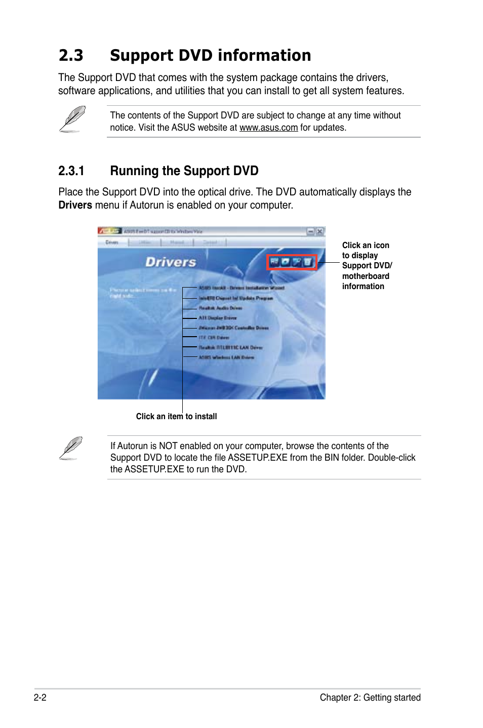 3 support dvd information, 1 running the support dvd, Support dvd information -2 2.3.1 | Running the support dvd -2 | Asus ES5100 User Manual | Page 22 / 36