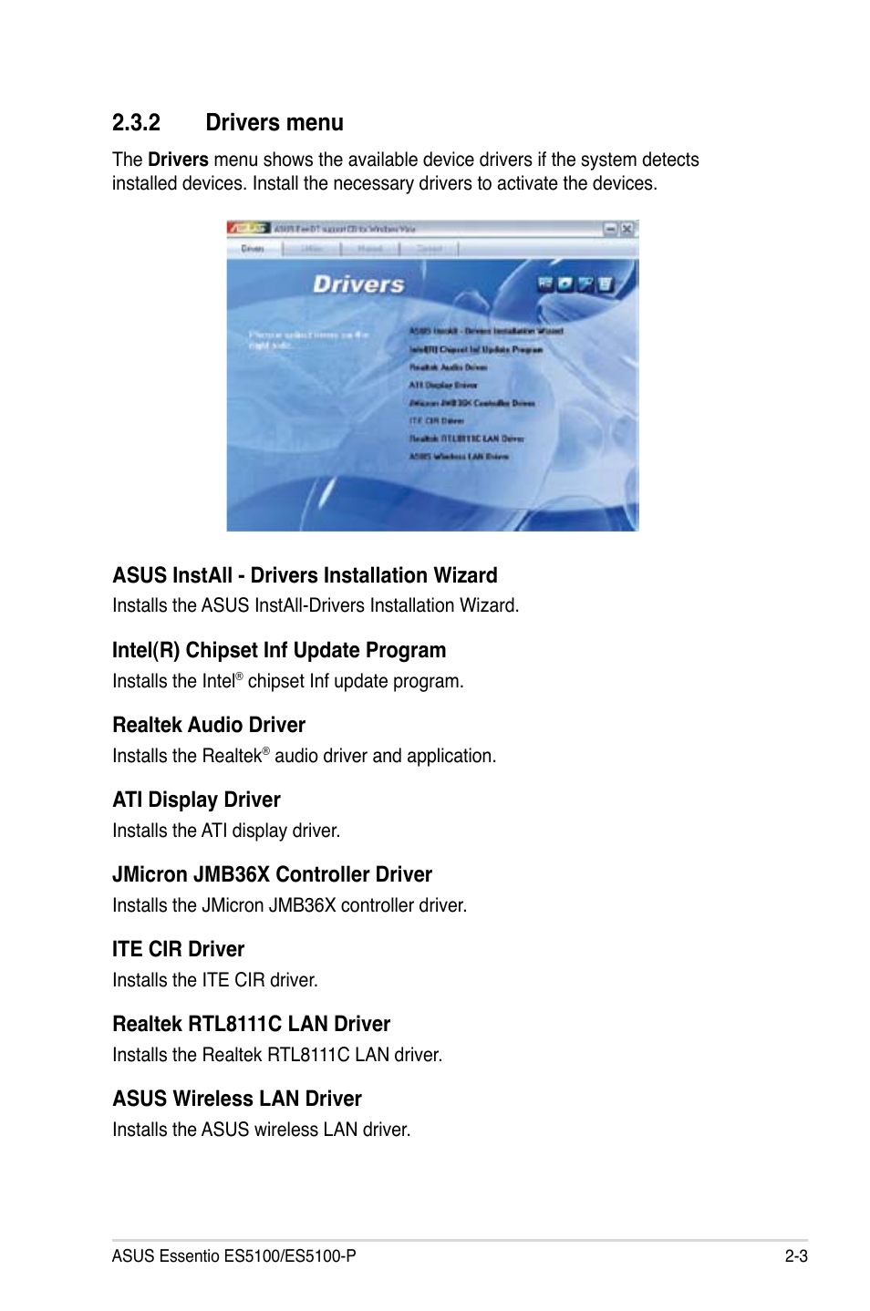 2 drivers menu, Drivers menu -3 | Asus ES5100 User Manual | Page 23 / 36