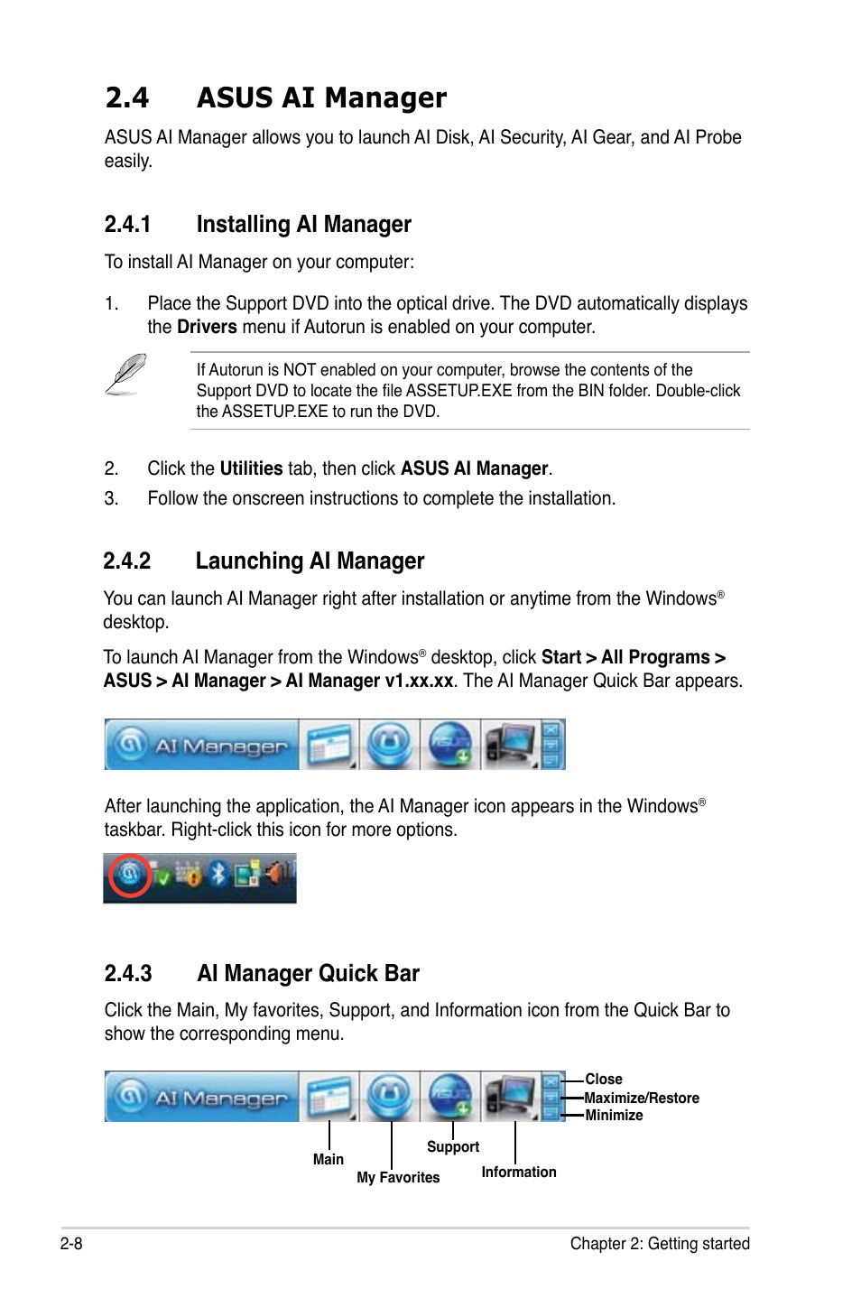 4 asus ai manager, 1 installing ai manager, 2 launching ai manager | 3 ai manager quick bar, Asus ai manager -8 2.4.1, Installing ai manager -8, Launching ai manager -8, Ai manager quick bar -8 | Asus ES5100 User Manual | Page 28 / 36