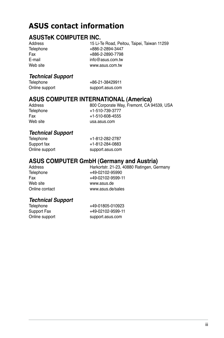 Asus contact information, Asustek computer inc, Asus computer international (america) | Asus computer gmbh (germany and austria), Technical support | Asus ES5100 User Manual | Page 3 / 36