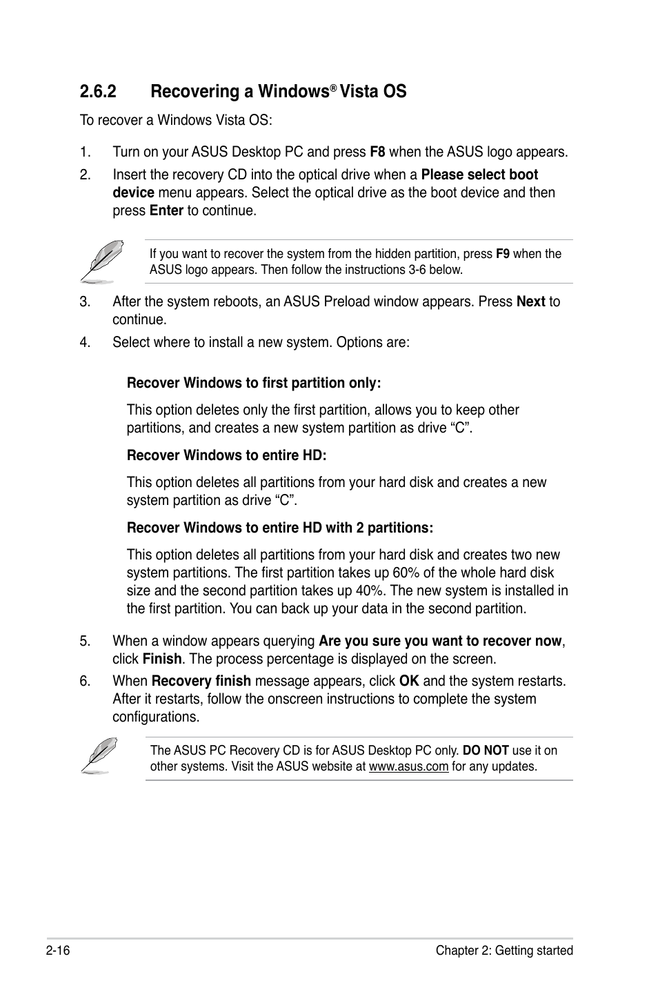 2 recovering a windows® vista os, Recovering a windows, Vista os -16 | 2 recovering a windows, Vista os | Asus ES5100 User Manual | Page 36 / 36