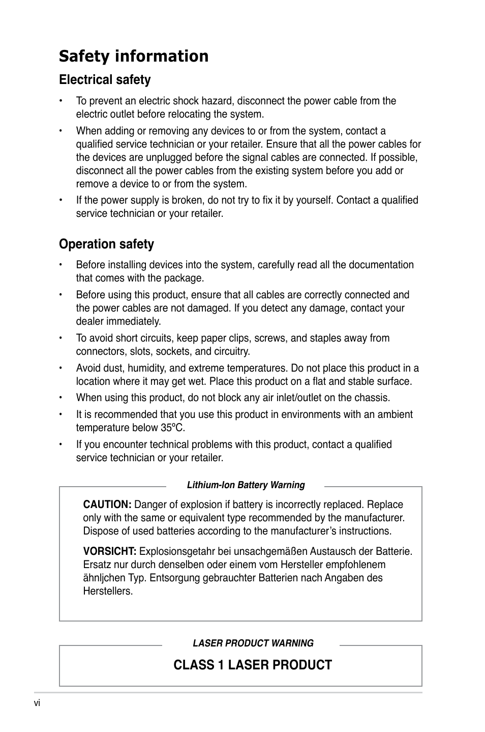 Safety information, Electrical safety, Operation safety | Class 1 laser product | Asus ES5100 User Manual | Page 6 / 36