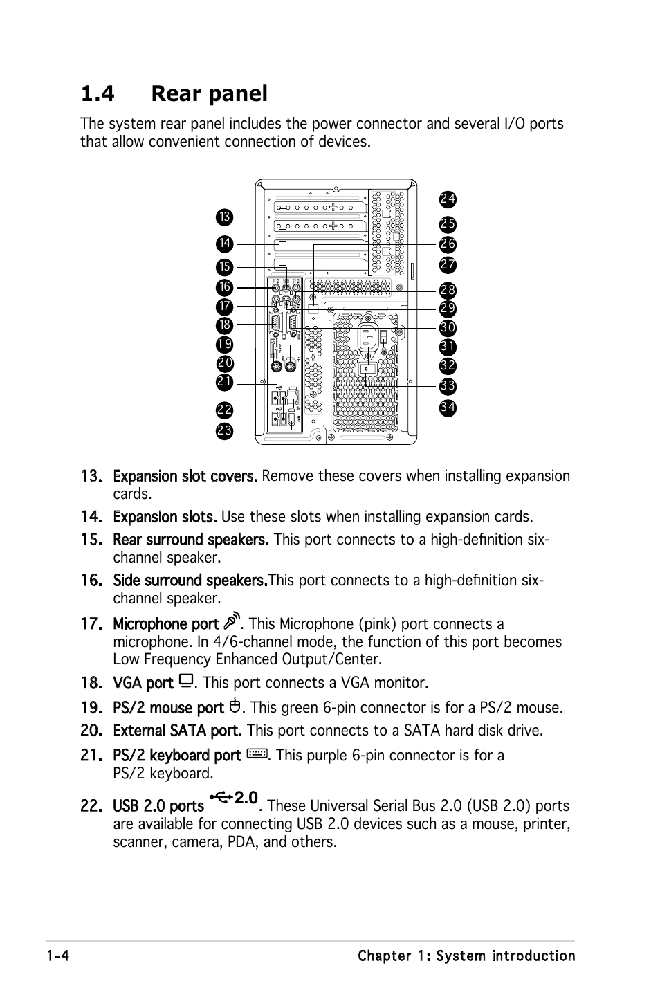 4 rear panel, 4 chapter 1: system introduction | Asus T3-P5G965A User Manual | Page 14 / 84