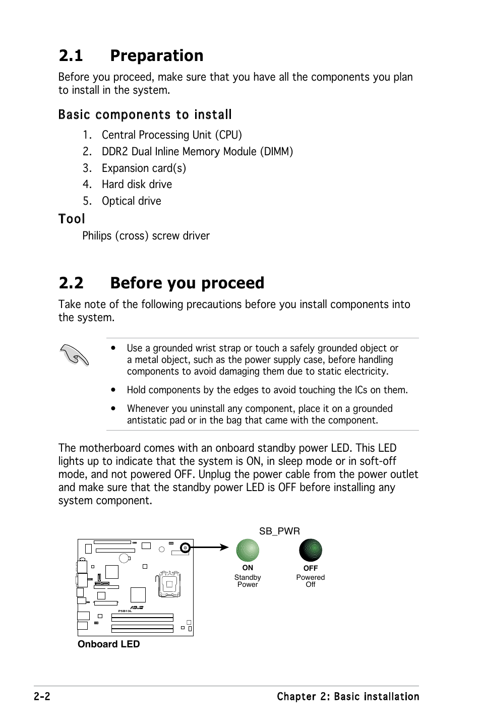 1 preparation, 2 before you proceed, Basic components to install | Tool | Asus T3-P5G965A User Manual | Page 18 / 84