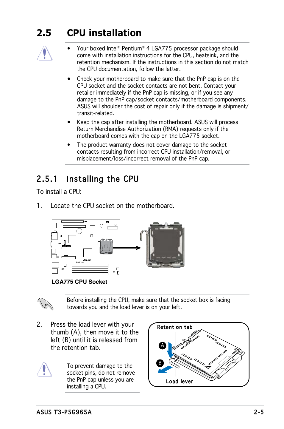 5 cpu installation, 1 installing the cpu | Asus T3-P5G965A User Manual | Page 21 / 84