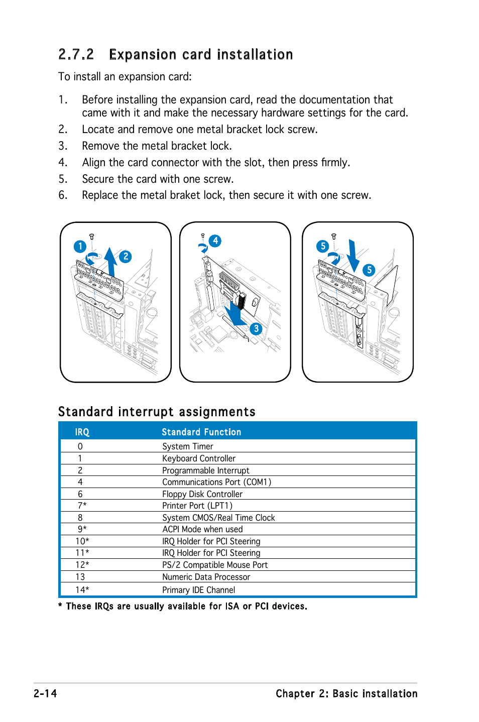 2 expansion card installation, Standard interrupt assignments | Asus T3-P5G965A User Manual | Page 30 / 84