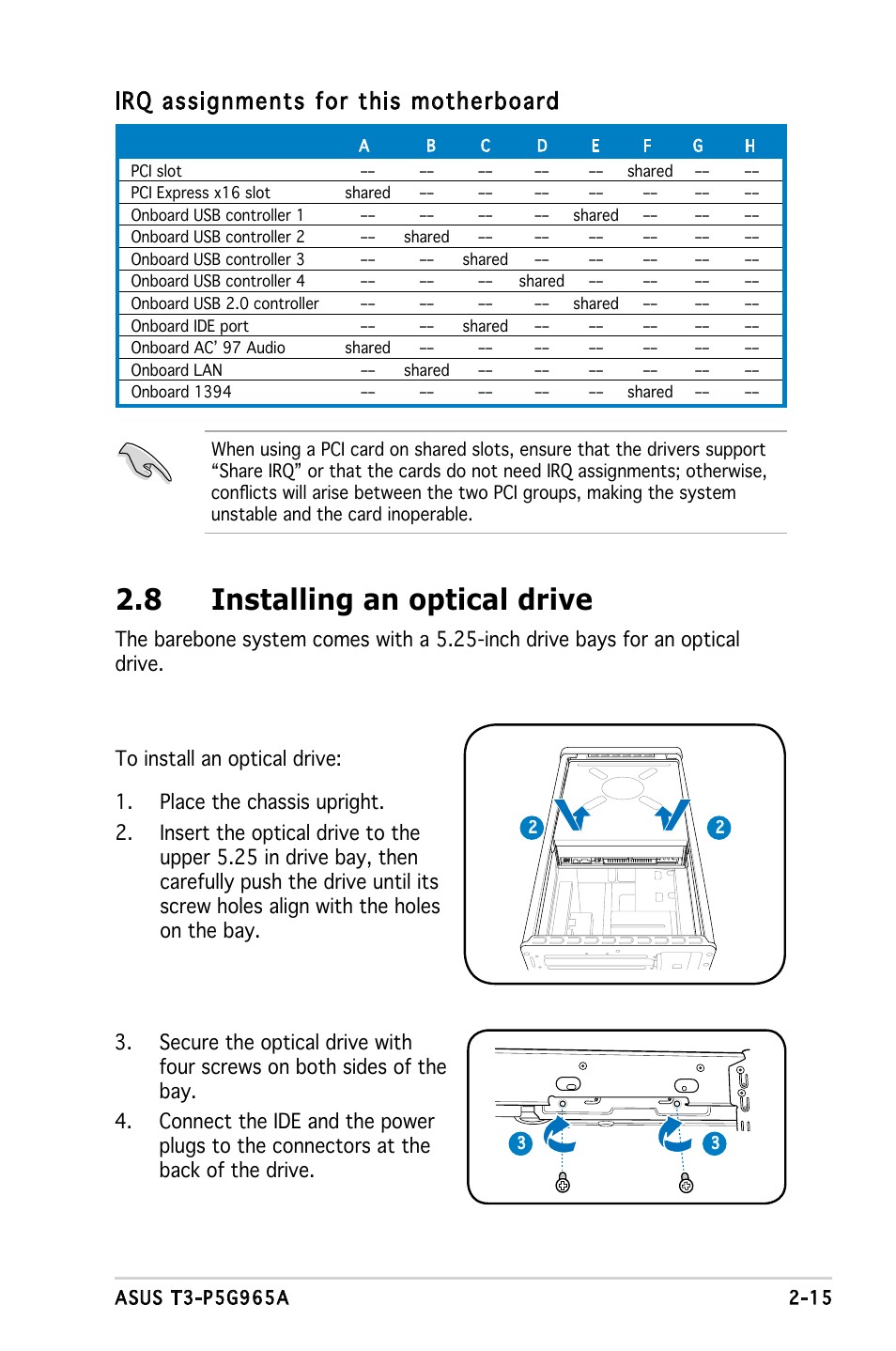 8 installing an optical drive, Irq assignments for this motherboard | Asus T3-P5G965A User Manual | Page 31 / 84