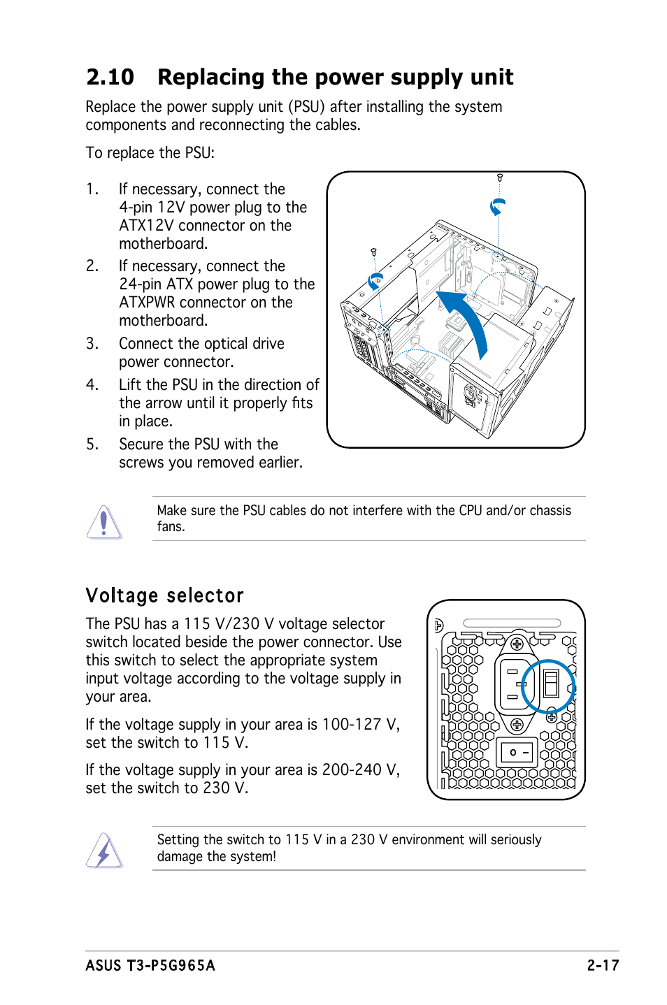 10 replacing the power supply unit, Voltage selector | Asus T3-P5G965A User Manual | Page 33 / 84