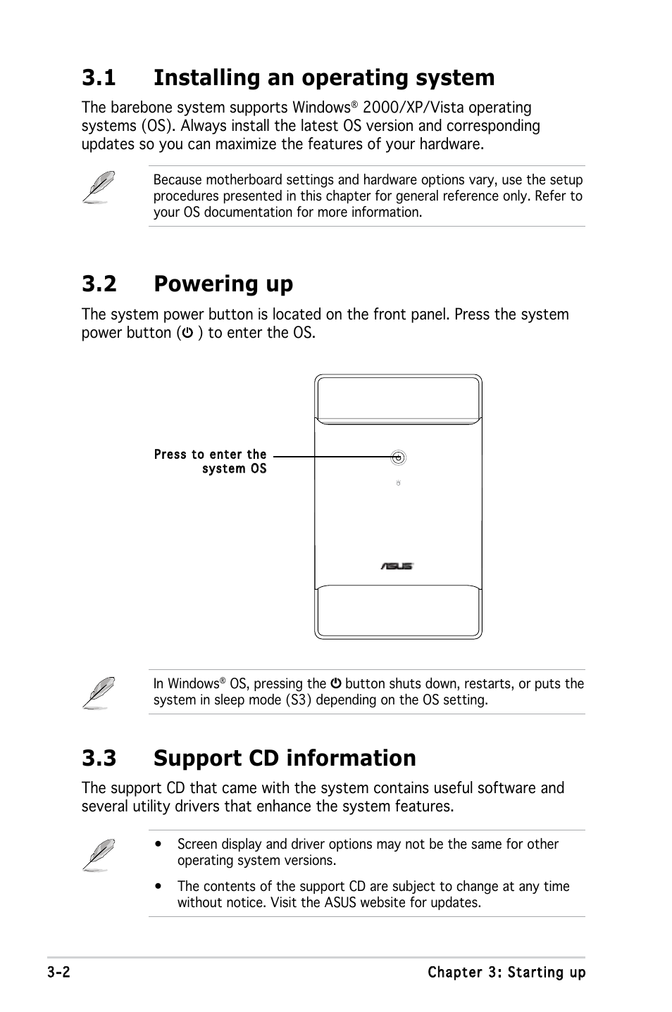 1 installing an operating system, 3 support cd information, 2 powering up | Asus T3-P5G965A User Manual | Page 36 / 84