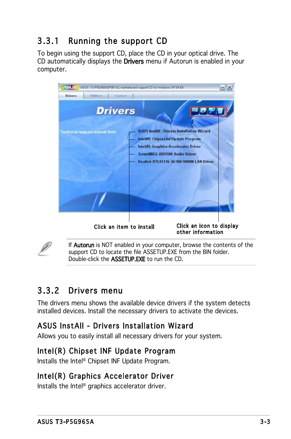 1 running the support cd, 2 drivers menu, Asus install - drivers installation wizard | Intel(r) chipset inf update program, Intel(r) graphics accelerator driver | Asus T3-P5G965A User Manual | Page 37 / 84