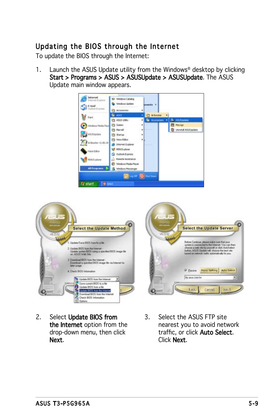 Updating the bios through the internet | Asus T3-P5G965A User Manual | Page 57 / 84