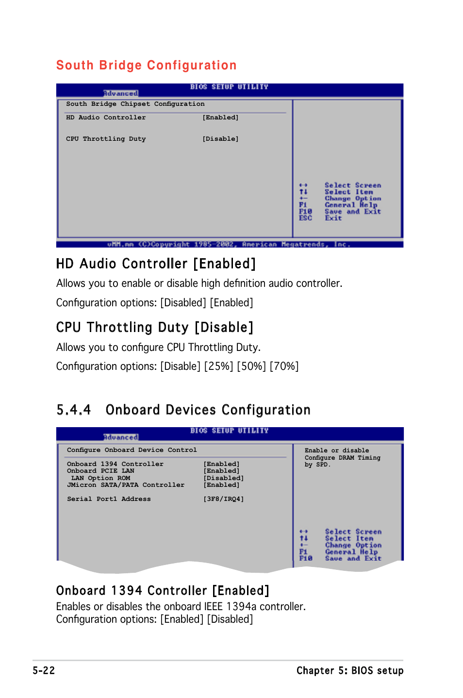 South bridge configuration, Hd audio controller [enabled, Cpu throttling duty [disable | 4 onboard devices configuration, Onboard 1394 controller [enabled | Asus T3-P5G965A User Manual | Page 70 / 84