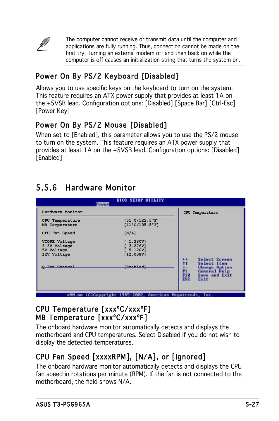 6 hardware monitor, Power on by ps/2 keyboard [disabled, Power on by ps/2 mouse [disabled | Asus T3-P5G965A User Manual | Page 75 / 84