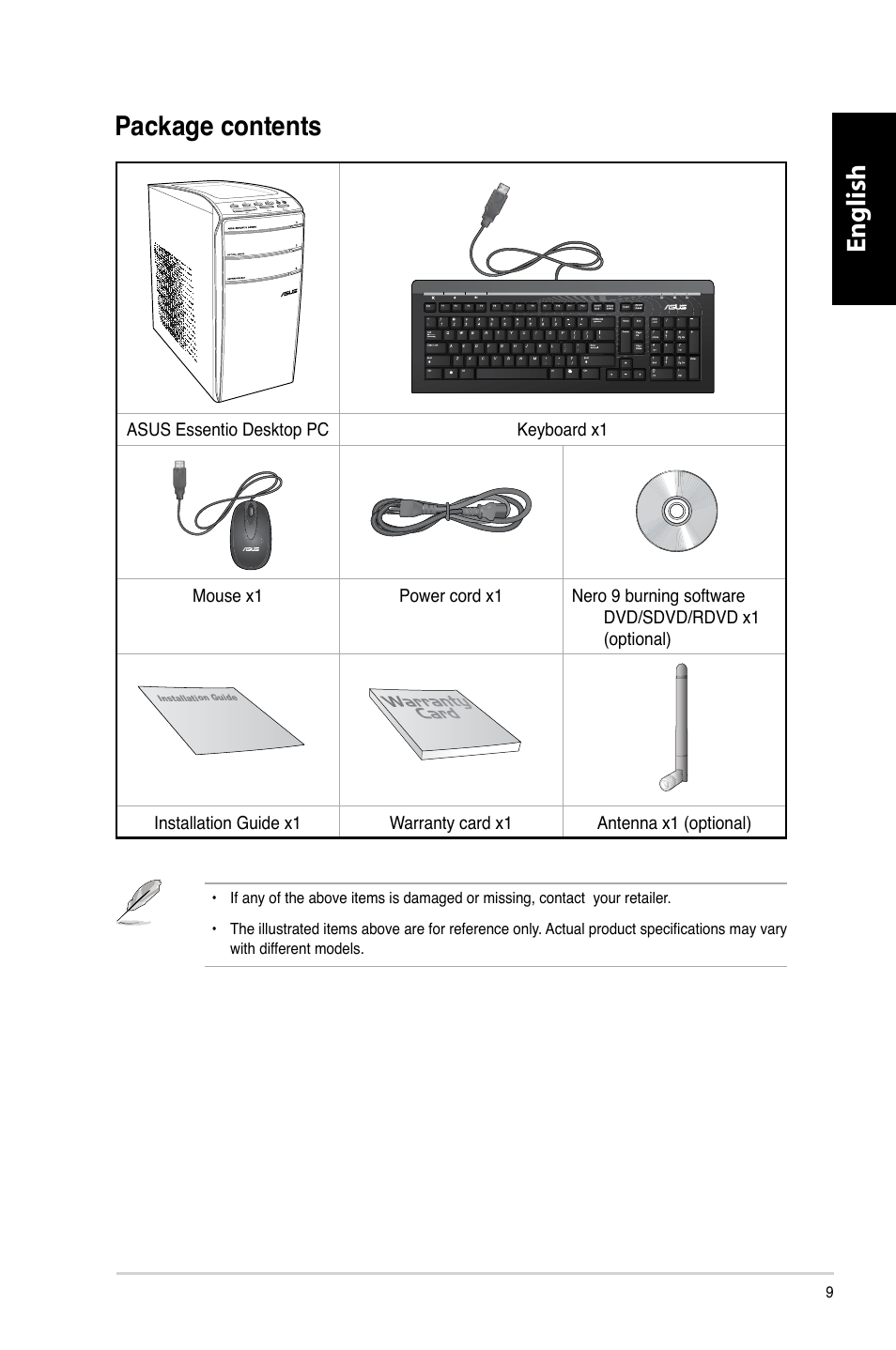 Package contents, English, Package.contents | Asus CM6870 User Manual | Page 11 / 352