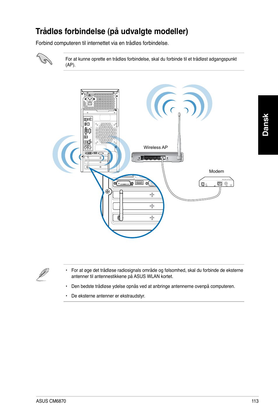 Trådløs forbindelse (på udvalgte modeller), Trådløs.forbindelse.�på.udvalgte.modeller, Dansk | Asus CM6870 User Manual | Page 115 / 352