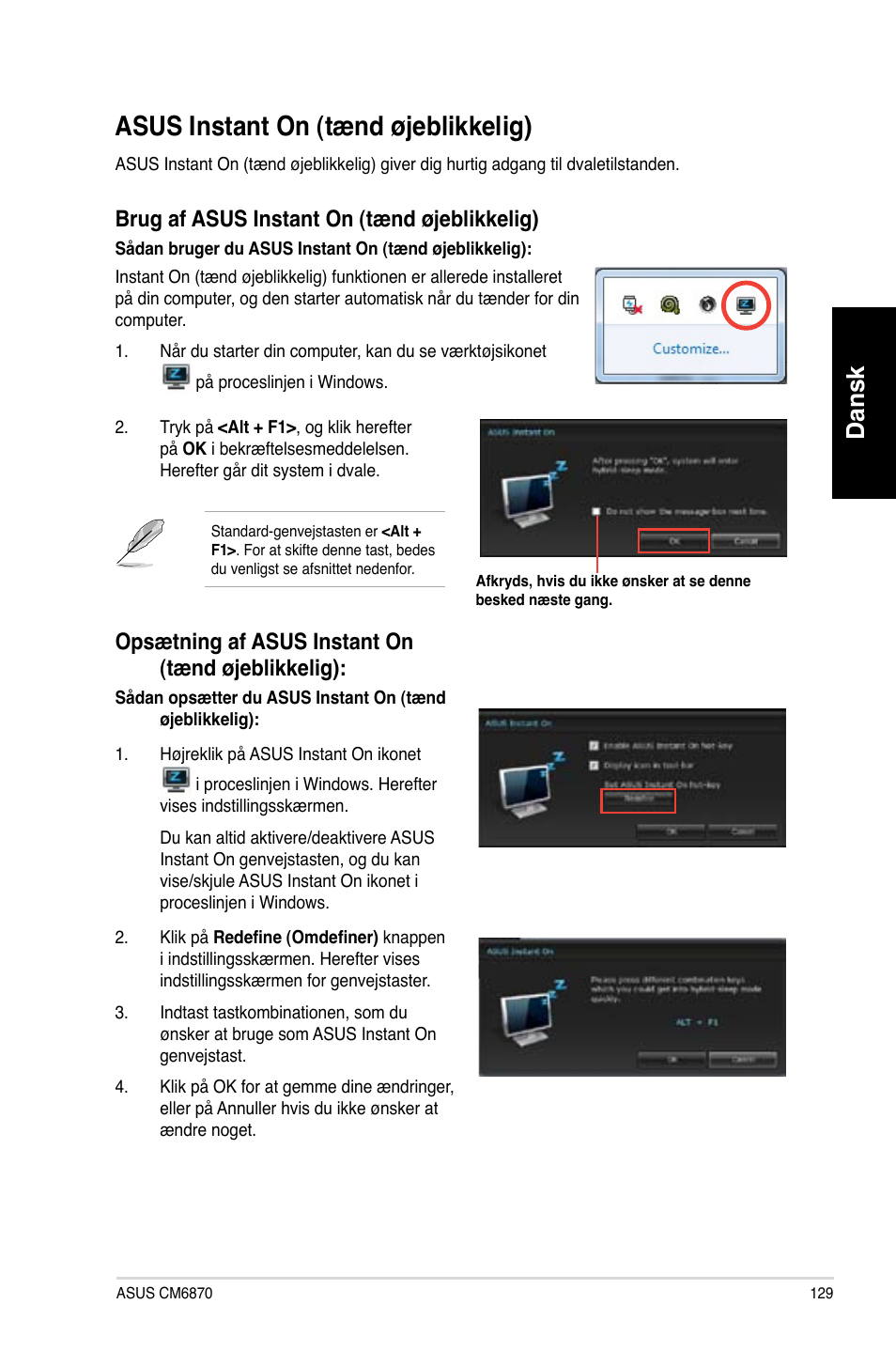 Asus instant on (tænd øjeblikkelig), Asus instant on (tænd øjeblikkelig) 9, Asus.instant.on.�tænd.ø�eblikkelig | Dansk, Brug.af.asus.instant.on.�tænd.ø�eblikkelig, Opsætning.af.asus.instant.on. �tænd.ø�eblikkelig | Asus CM6870 User Manual | Page 131 / 352