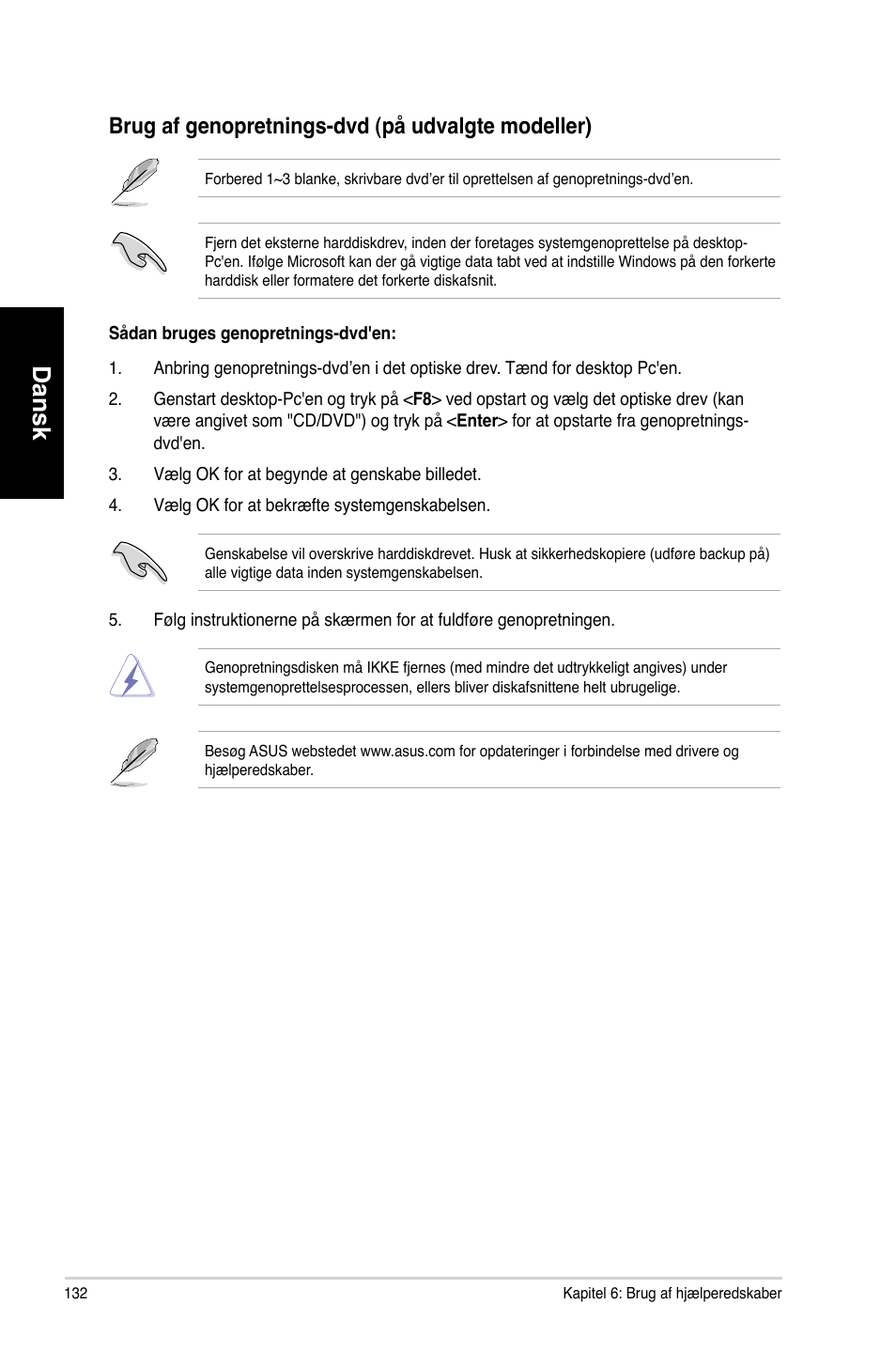 Dansk, Brug.af.genopretnings-dvd.�på.udvalgte.modeller | Asus CM6870 User Manual | Page 134 / 352