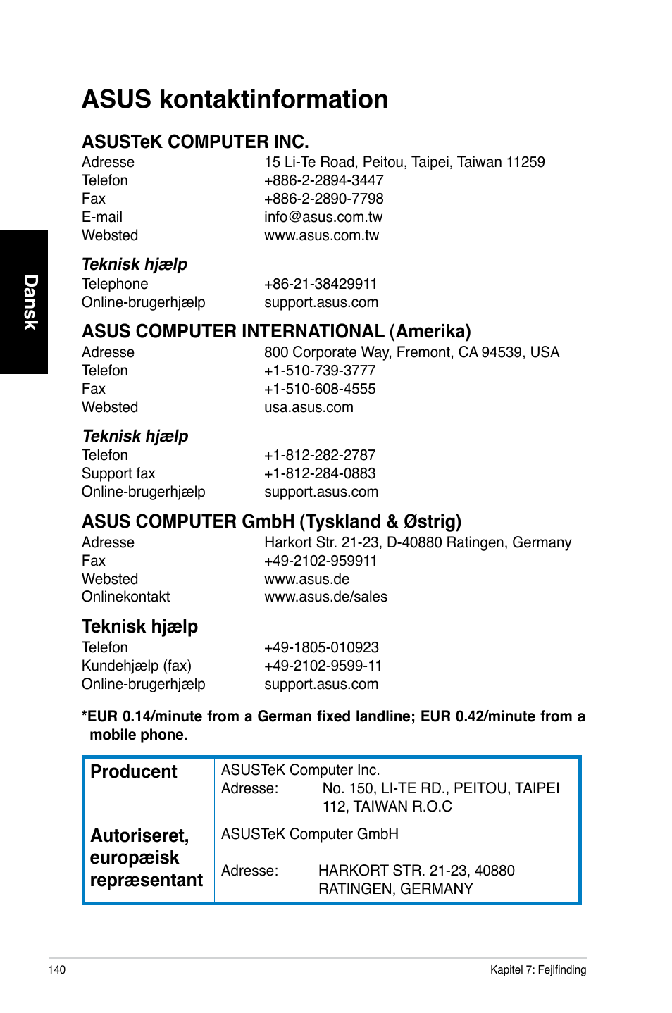 Asus.kontaktinformation, Dansk, Teknisk.h�ælp | Producent, Autoriseret,. europæisk. repræsentant | Asus CM6870 User Manual | Page 142 / 352