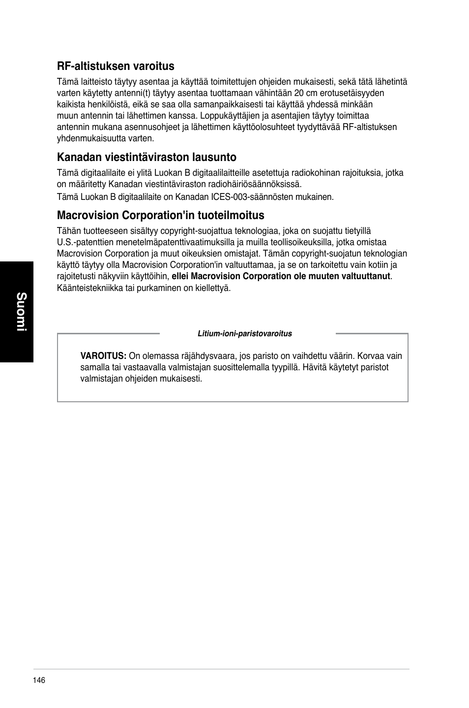 Suomi, Rf-altistuksen.varoitus, Kanadan.viestintäviraston.lausunto | Macrovision.corporation'in.tuoteilmoitus | Asus CM6870 User Manual | Page 148 / 352