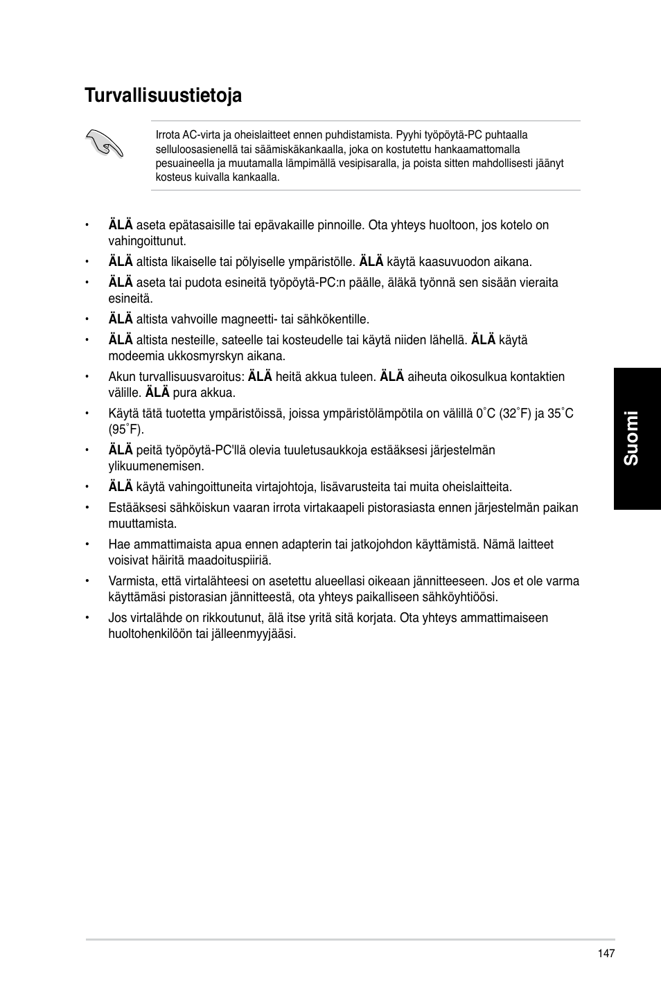 Turvallisuustietoja, Turvallisuustieto�a, Suomi | Asus CM6870 User Manual | Page 149 / 352