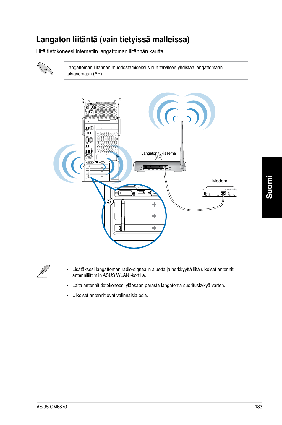 Langaton liitäntä (vain tietyissä malleissa), Langaton.liitäntä.�vain.tietyissä.malleissa, Suomi | Asus CM6870 User Manual | Page 185 / 352