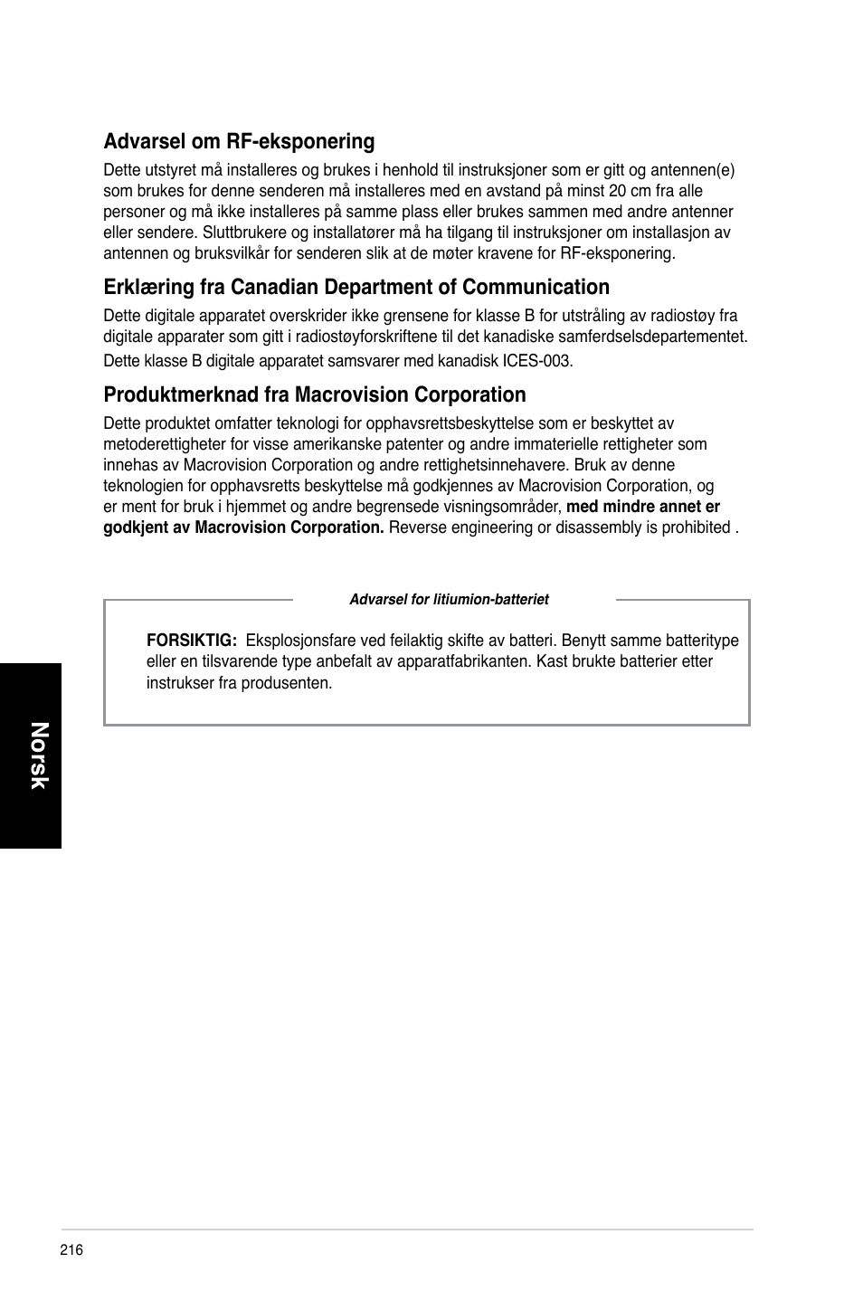 Norsk, Advarsel.om.rf-eksponering, Produktmerknad.fra.macrovision.corporation | Asus CM6870 User Manual | Page 218 / 352