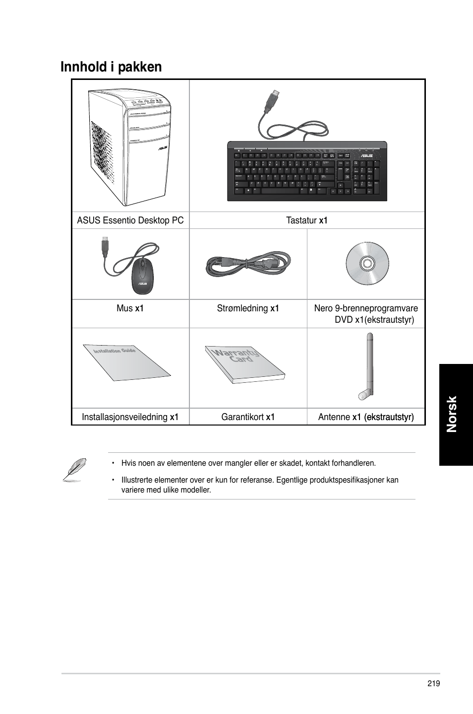 Innhold i pakken, Innhold.i.pakken, Norsk | Asus CM6870 User Manual | Page 221 / 352